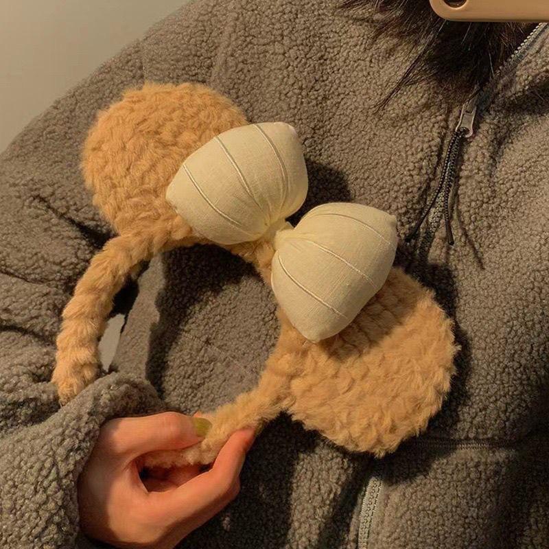 1pc Bow shaped teddy bear ear headband, women's autumn and winter plush cute cartoon face wash headband, hair clip