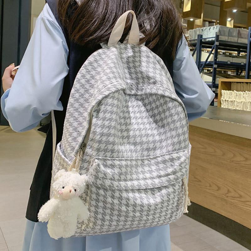 Chic Houndstooth Backpack For Women Korean Style High School College Girl Casual Trendy Bag