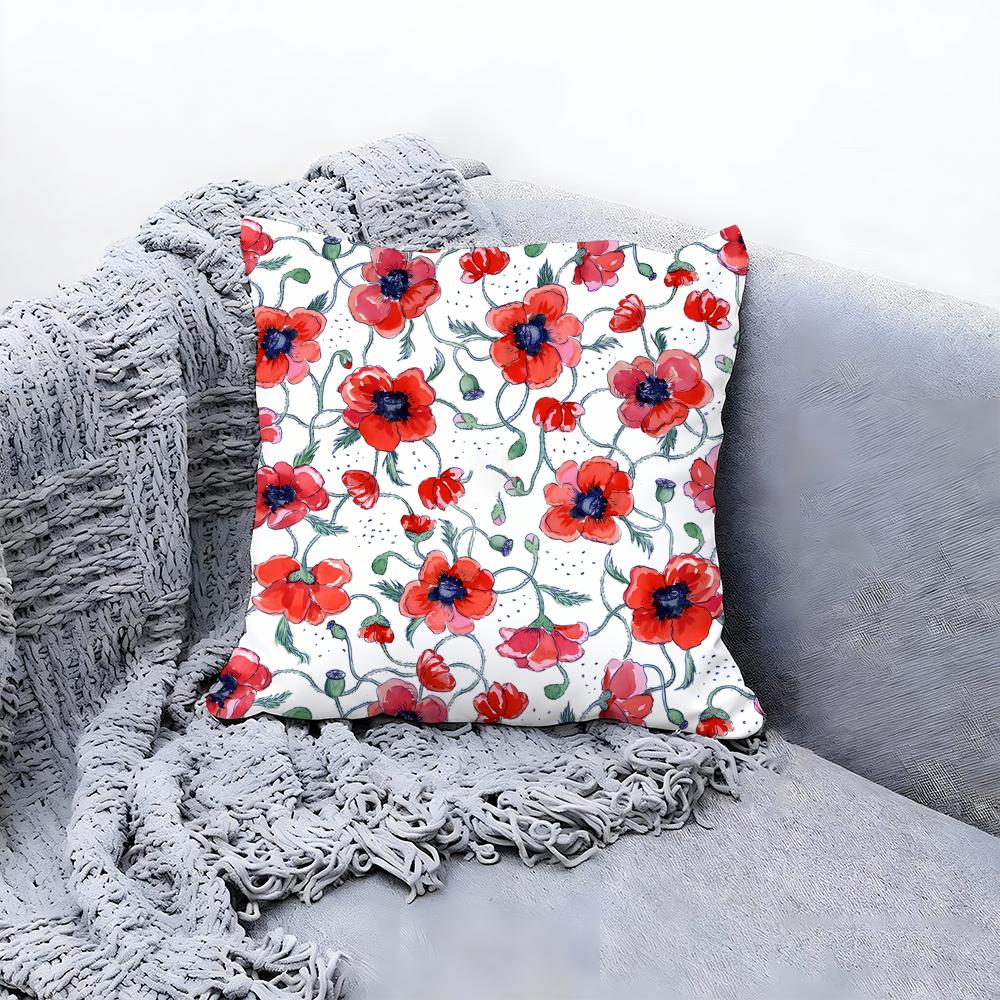 Beautiful Poppy Flower Pattern Cushion Cover Premium Comfort Reversible Pillow Cove in One Design for Any Room Car Interior