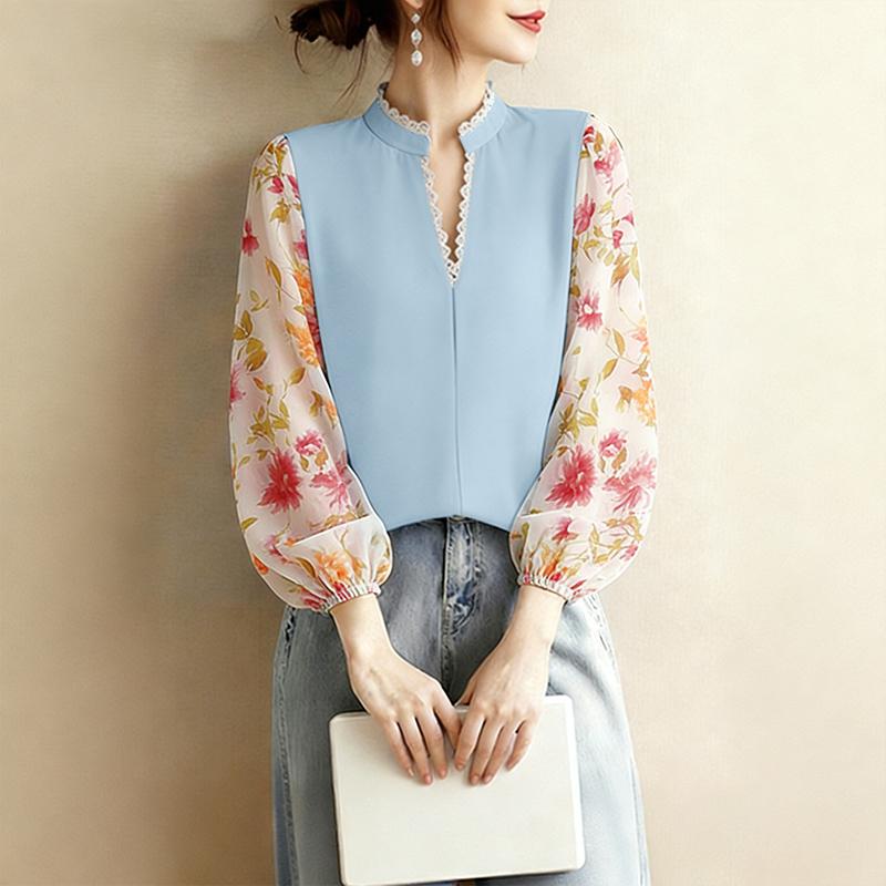 ZANZEA Women Casual V-Neck Floral Print Splice Long Sleeve Blouse
