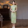 Green Vintage-Inspired Modern Cheongsam Dress Women 2026 Short Sleeve Long Style With Stand Collar