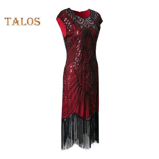 Vestito da sera vintage con paillettes da donna, senza maniche, scollo tondo, chiusura lampo posteriore, orlo con frange, a tubino, vestibilità aderente