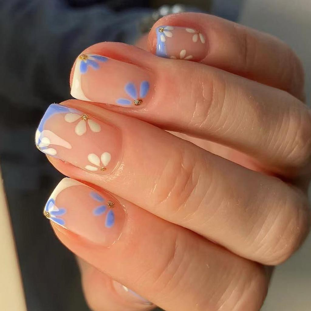 Press On Nails Short French Tip Nails Square Nail Tips Fake Nails False Nails with Design Full Cover Acrylic Nails