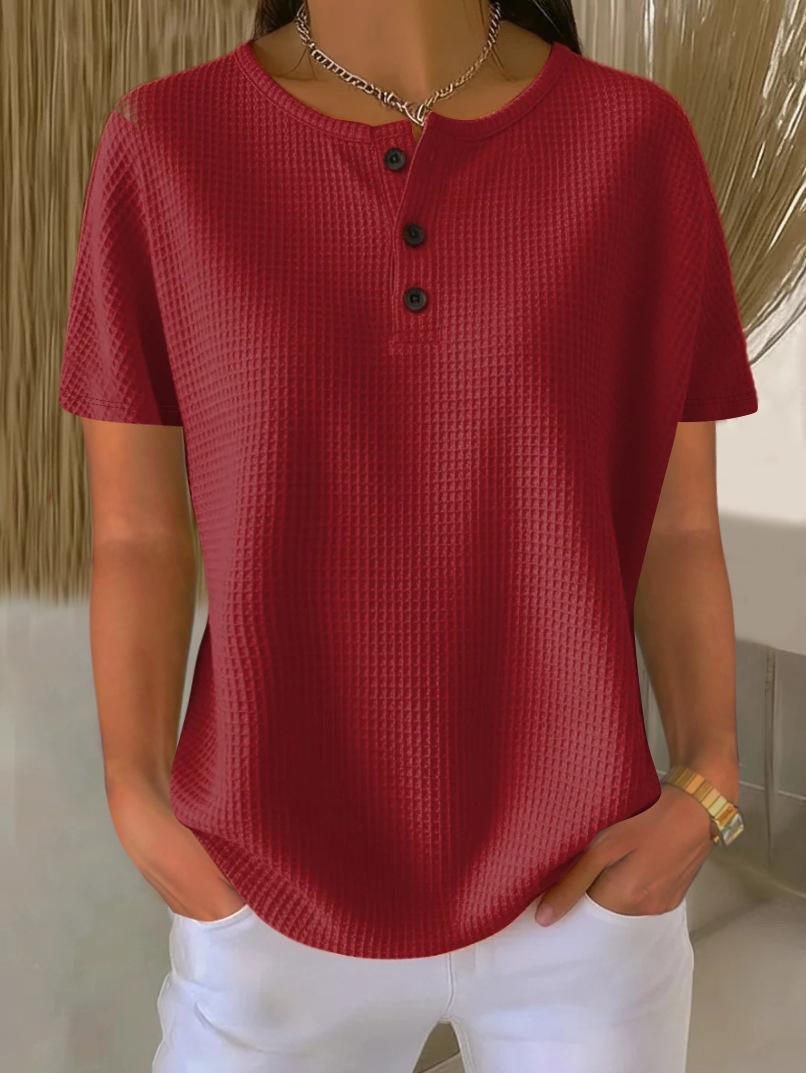 Men s Black Waffle Knit Henley Neck Short Sleeve Casual T-Shirt S