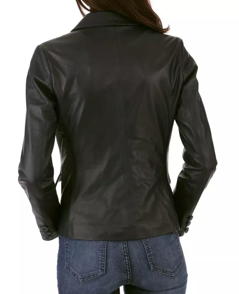 Black Real Lambskin Genuine Women Button Stylish Classic Blazer Leather Party