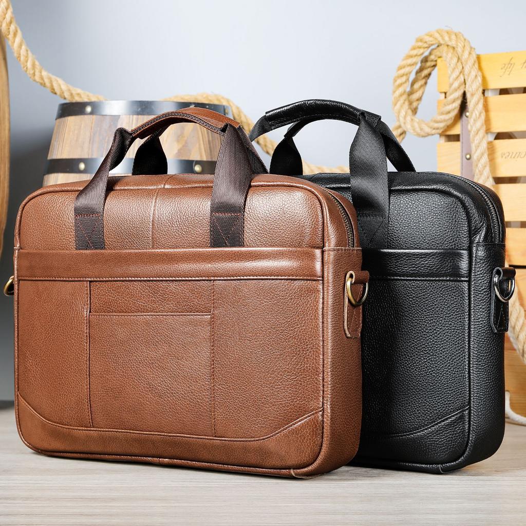 Men's Handbag 100% Genuine Leather Business Briefcase Large Capacity Cowhide Shoulder Crossbody Bag 14 Inch Laptop Bag