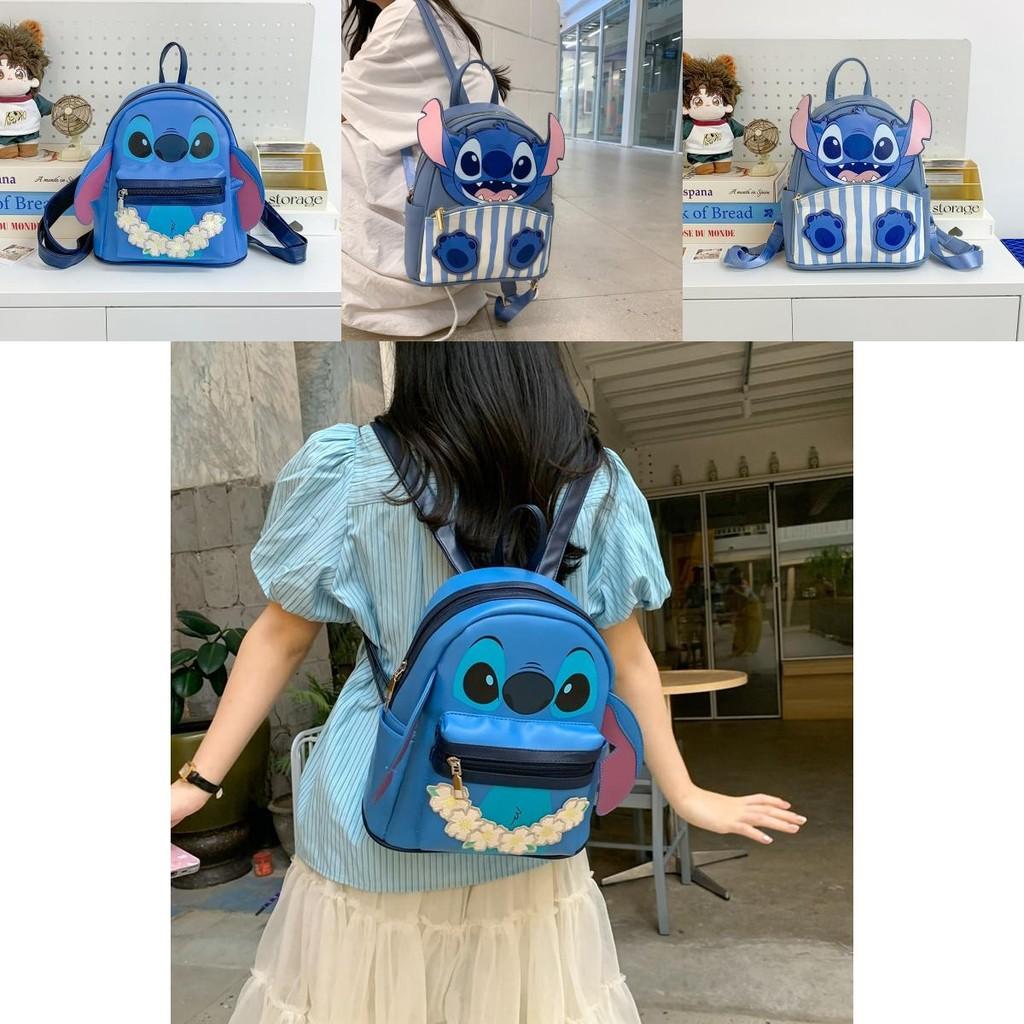 Lilo Stitch Blue Monster Printed Pu School Bag With Inner Card Pocket For Teens