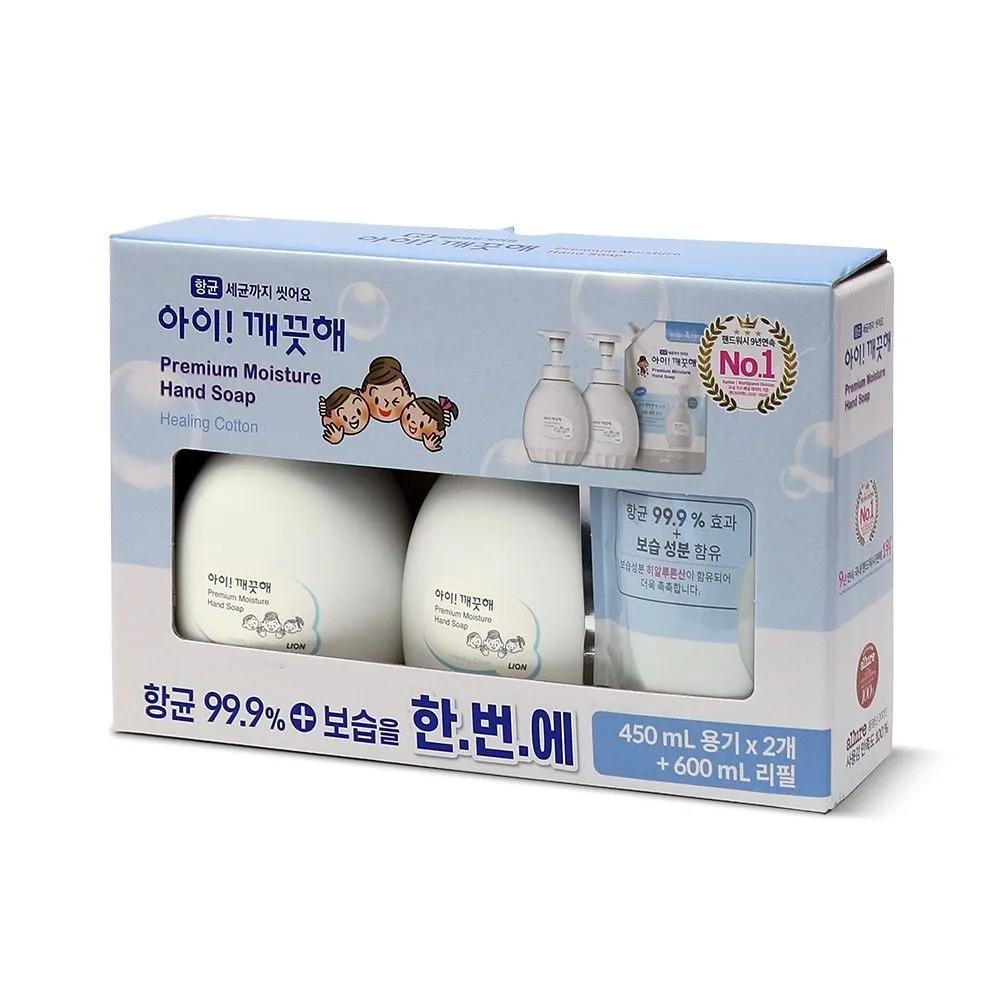 LION Premium Hand Wash Healing Cotton 450ml x 2 + Refill 600ml Set Large Capacity Hand Soap Hand Sanitizer