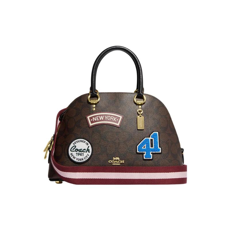 

COACH Katy 30 classic presbyopic zipper closure ski patch leather and coated canvas shoulder crossbody handbag large size women s dark brown коричневий