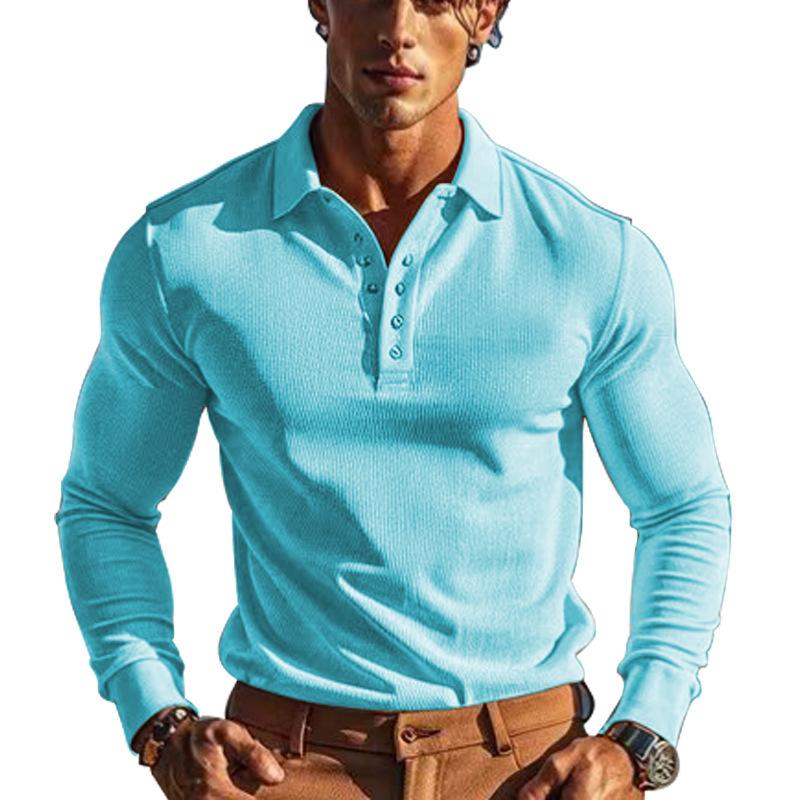 New Men's T-Shirt: Waffle Weave Casual Collared Button-Down Slim-Fit Long-Sleeved Polo Shirt