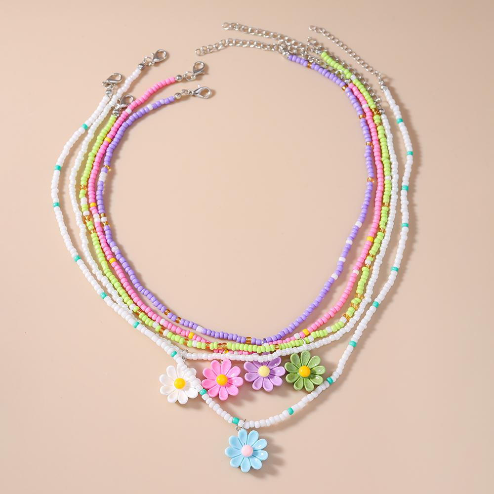 5pcs/set Bohemia Handmade Beaded Necklaces for Women Girls Colorful Flower Pendants Necklace Kid's Jewelry Gifts