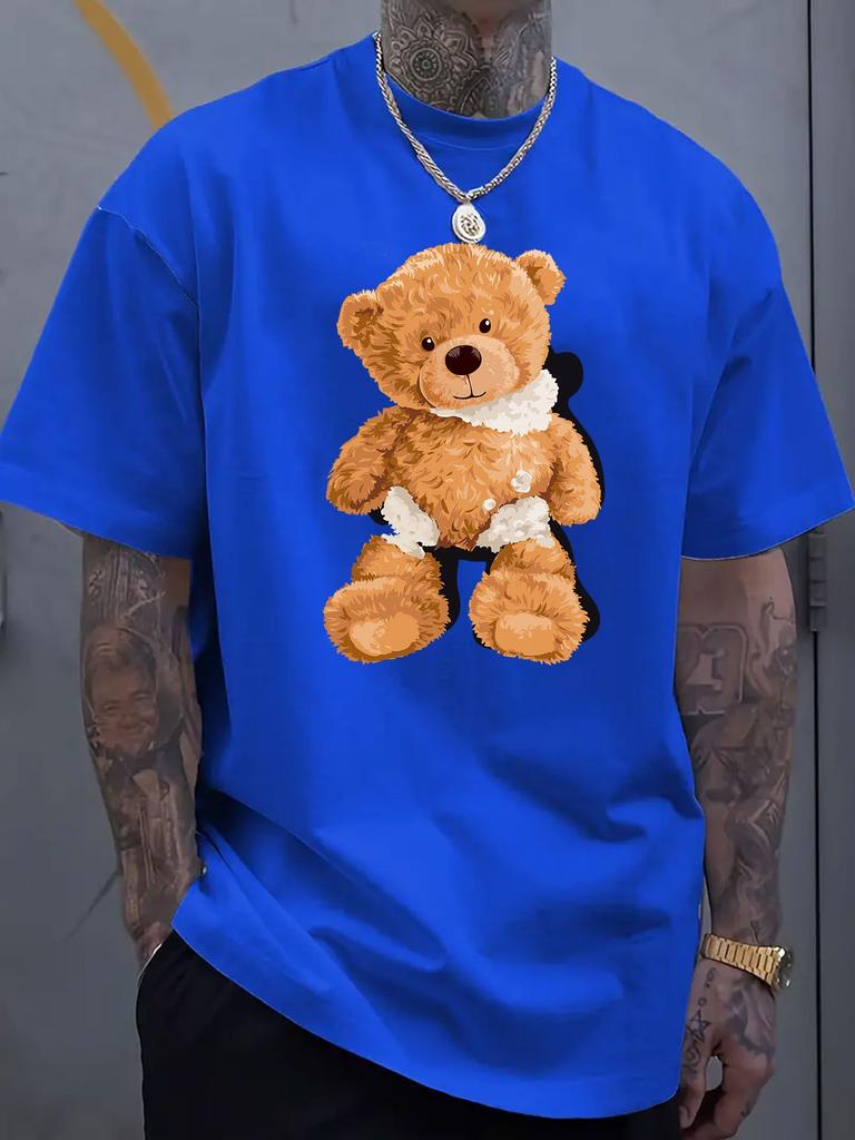 Męski luksusowy bawełniany T-shirt z krótkim rękawem z kreskówkowym nadrukiem misia, letni, unisex, męski i damski, casualowy, luźny, modny