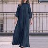 ZANZEA Womens Elegant High Neck Long Sleeve Loose Fit A Line Swing Pleated Maxi Dress
