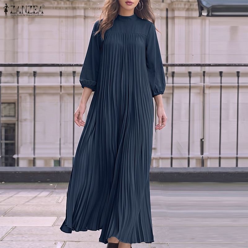 ZANZEA Womens Elegant High Neck Long Sleeve Loose Fit A Line Swing Pleated Maxi Dress