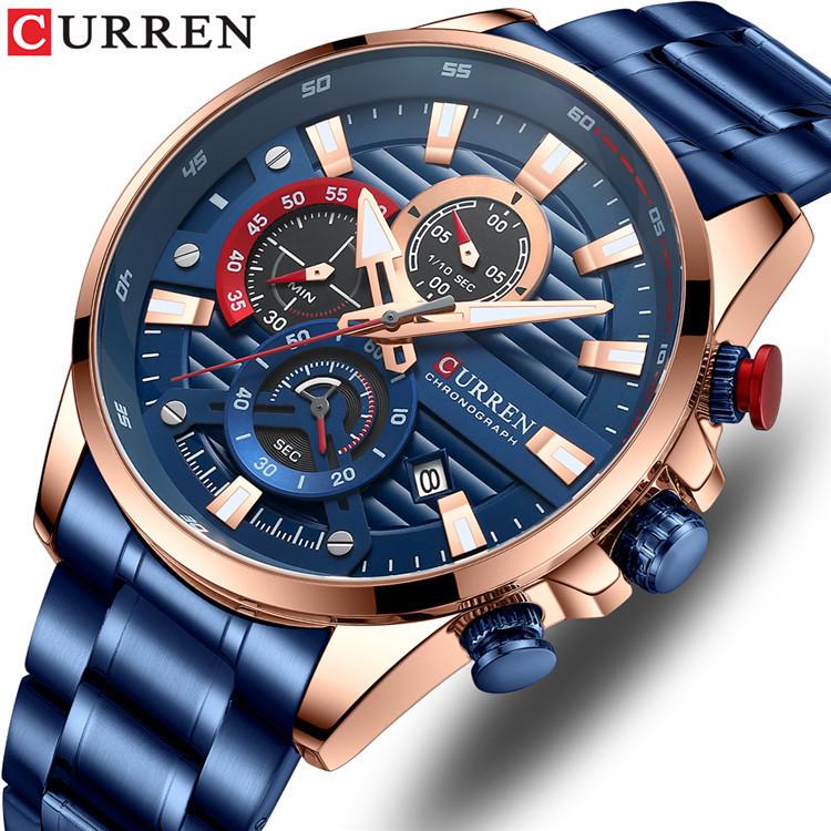 Curren Men's Multifunctional Waterproof Quartz Watch with Calendar and Large Dial Steel Band.