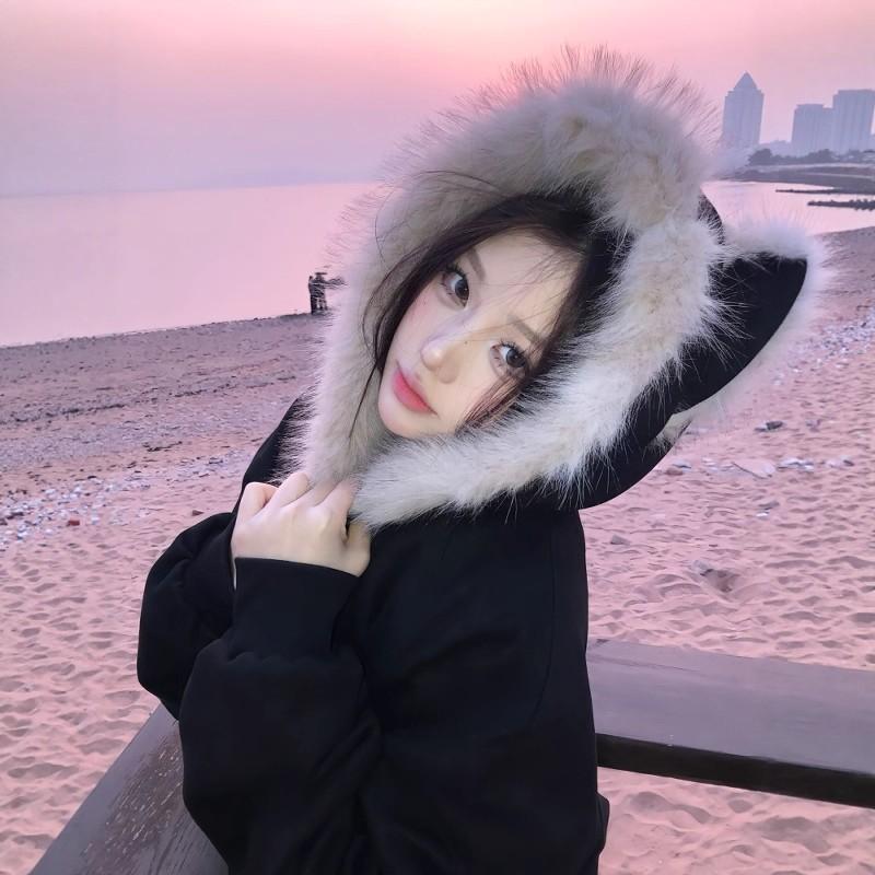 Zaoshan carving hairy fur collar cotton coat men and women piled thickened American cat ears cleanfit winter cotton coat