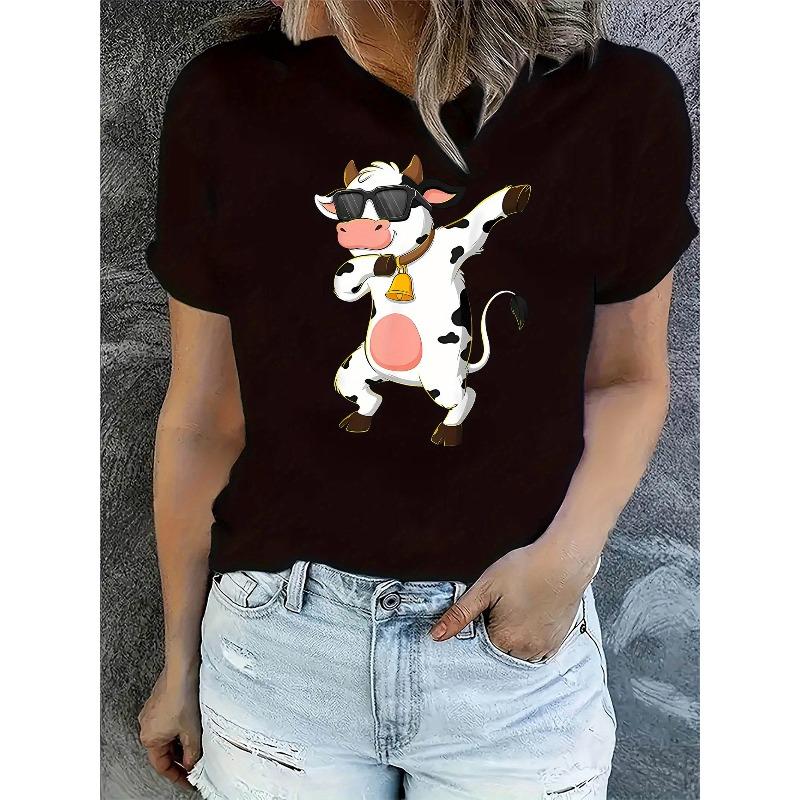 Women's Dancing Cow Print T-Shirt - Cute Cow Dance Short Sleeve Summer Top, Casual Round Neck Blouse for Casual Attire & Themed Parties,