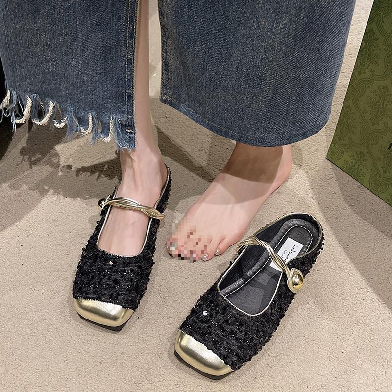 Flat-bottomed Temperament Sandals Skirt Cool Slippers Women's Sequins Heel Bag Head Mary Jane Half Slippers Low New Style with Fashion