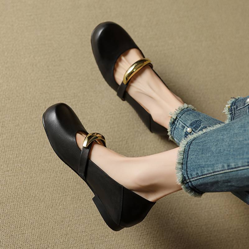 Krazing Pot Full Grain Leather Round Toe Size 40 Thick Low Heels Fashion Metal Decoration Autumn Pumps