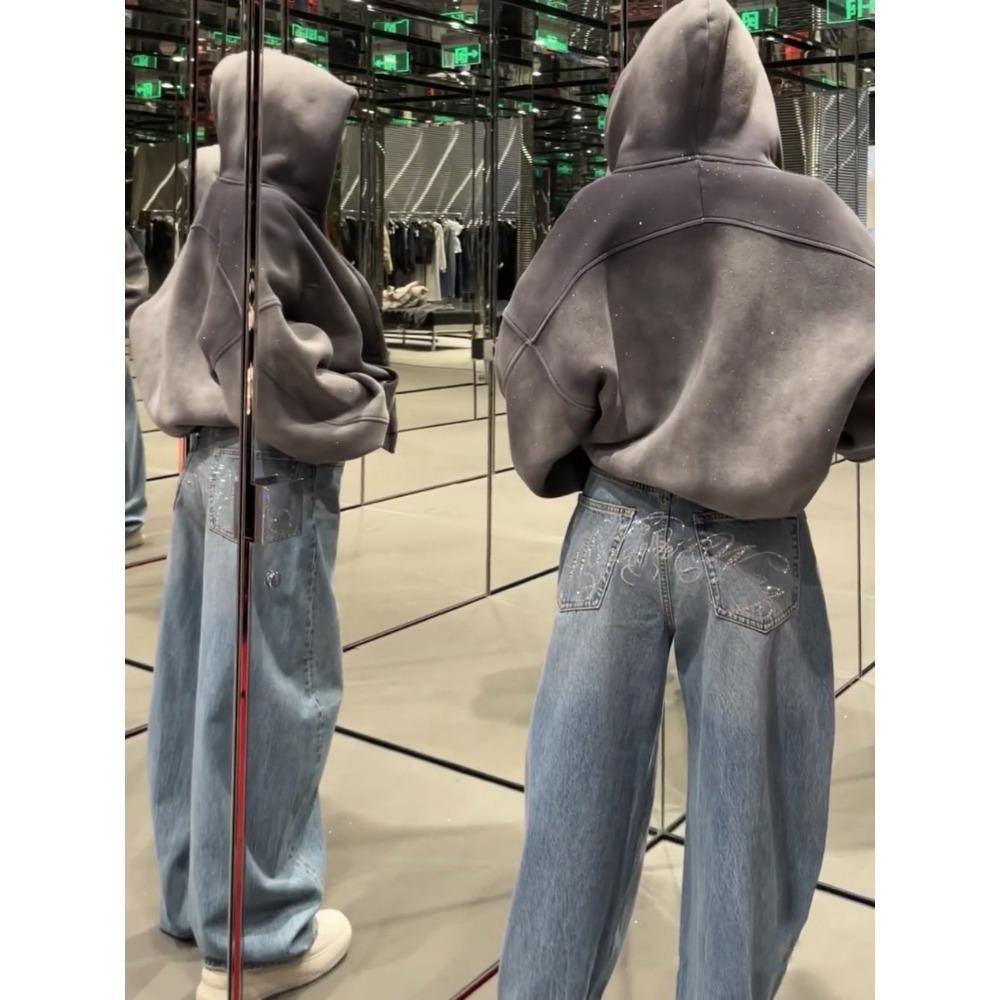 ZYLLO Letter Hot Diamonds High Waited Jeans Woman Street Fashion Baggy Jeans Women Clothing Casual Versatile Pants Women