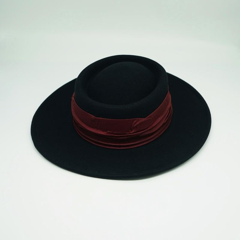 French Elegant Retro Black Woolen Flat Top Top Hat Women'S Autumn And Winter British Retro Versatile Wide Brim Felt Foreign Trade