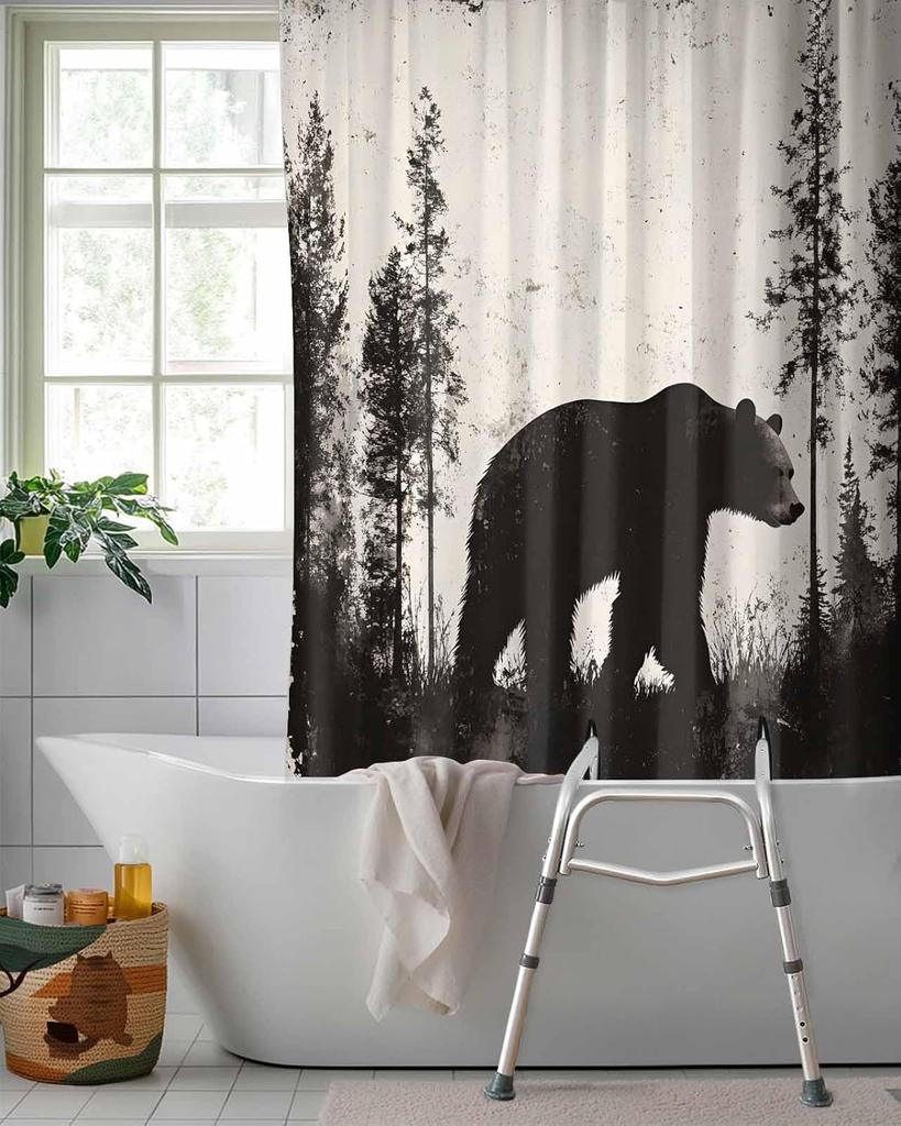 Split Shower Curtain For Transfer Bench, Black Bear Rustic Cabin Design, Waterproof Woodland Fabric With Hooks