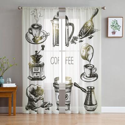 Coffee Lovers Decoration Sheer Curtains for Living Room Decoration Window Curtains for Kitchen Tulle Voile Organza Curtains