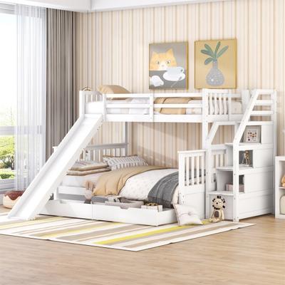 Family Bed Stable Base Bunk with Drawers Ladder Slide Storage Flat Shelves Wood Frame Loft Bedroom Furniture Children