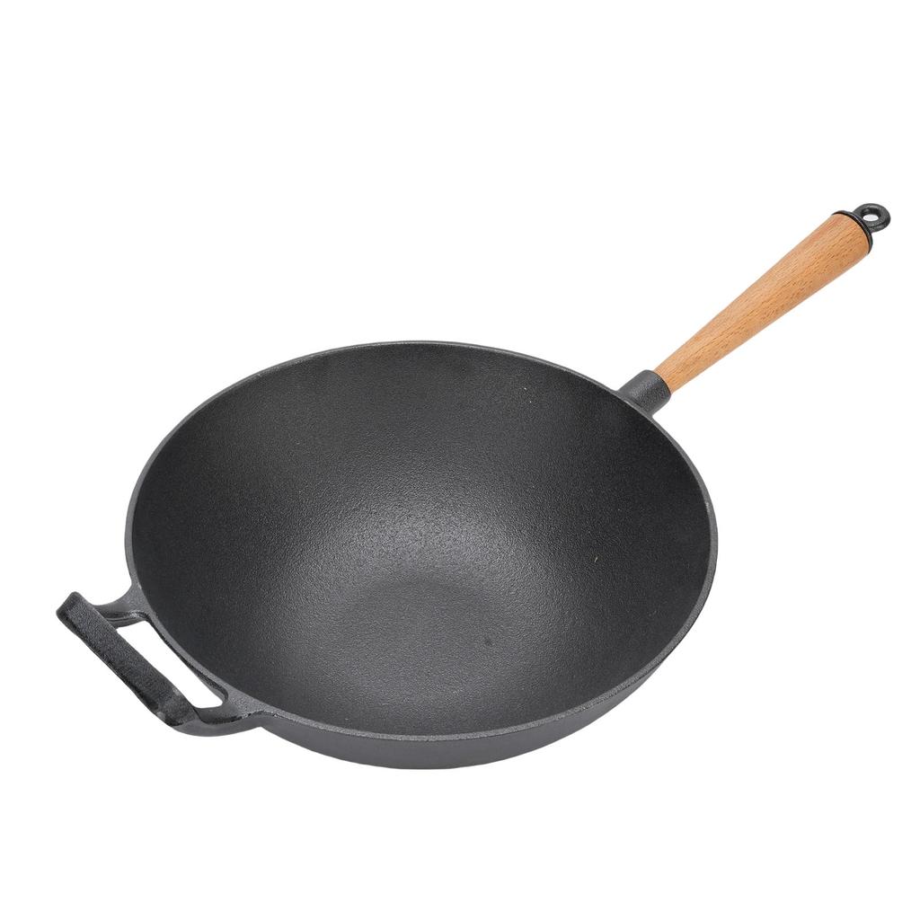 Cast Iron Wok Pan Multifunctional Stir Fry Pan with Wood Handle for Induction Cooker Electric Ceramic Stove Gas