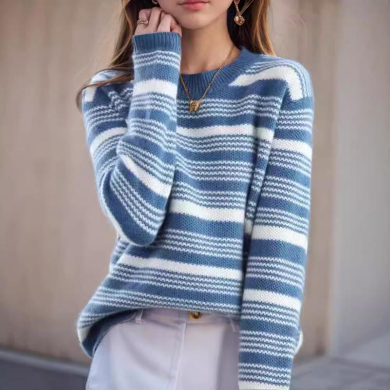Tooxika Women's Clothing 2024 Autumn And Winter New Contrast Color Striped Pullover Sweater Top Round Neck Contrast Color Sweater For Women