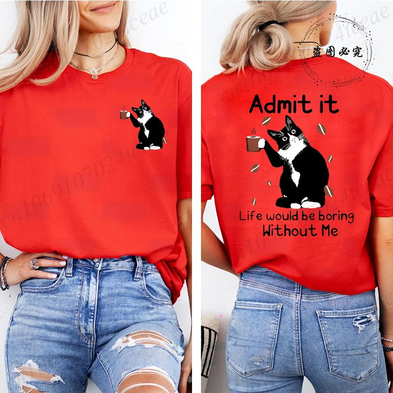 

Cat Drink Coffee Printed TShirts Womens Summer Casual TShirts Loose Size Clothing Black Cat Print Short Sleeve Tshirt Top S