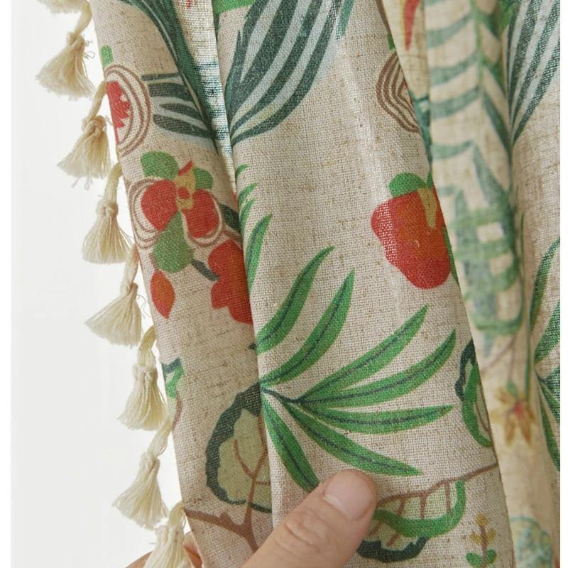 Green Plant Imitation Cotton Linen Semi-blackout Fringe Curtain American Style Country Retro Decorative Curtain Fabric Finished