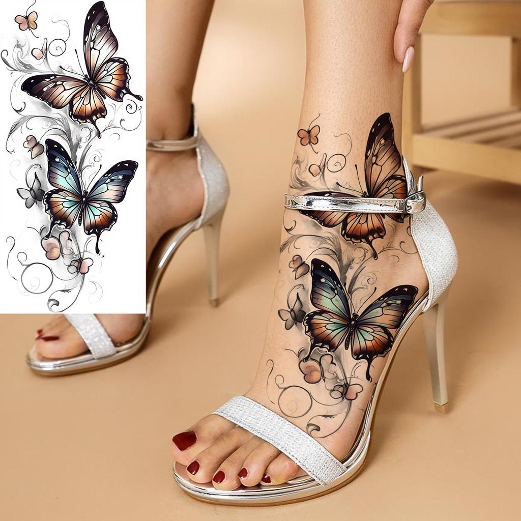 1 Sheet Colorful 3D Rose Flower Butterfly Temporary Tattoos For Women Adults Hand Foot, Waterproof Realistic Fake Tattoo Sticker