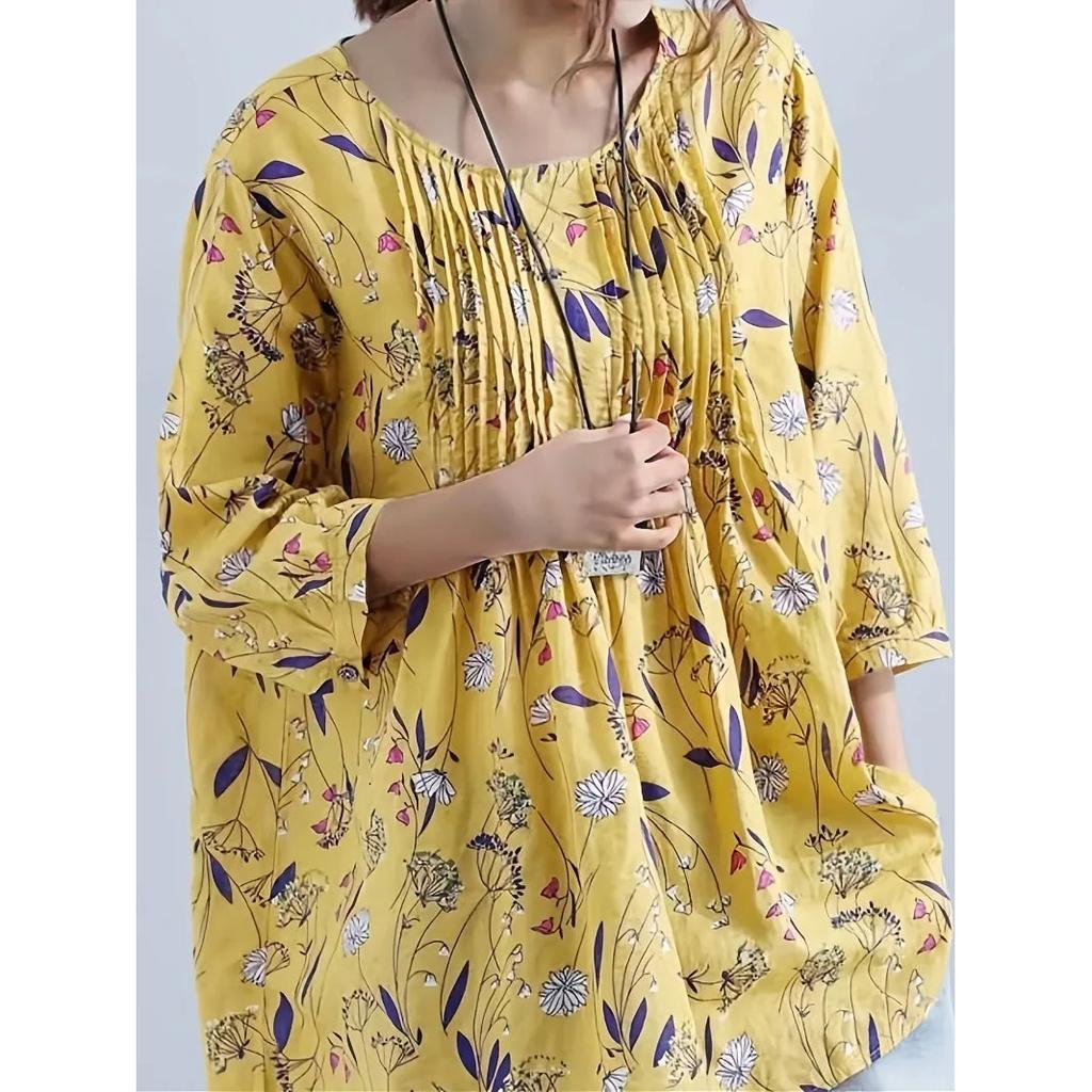 Plus Size Women Fashion Floral Printed 3/4 Sleeve Shirt Loose Retro Color Shirt Ladies Blouse Tops