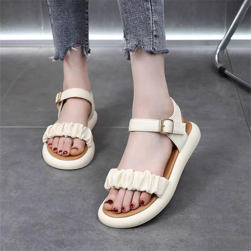 2025 new flat-soled sandals women's summer wear open-toe one-word buckle soft-soled versatile comfortable non-slip beach shoes