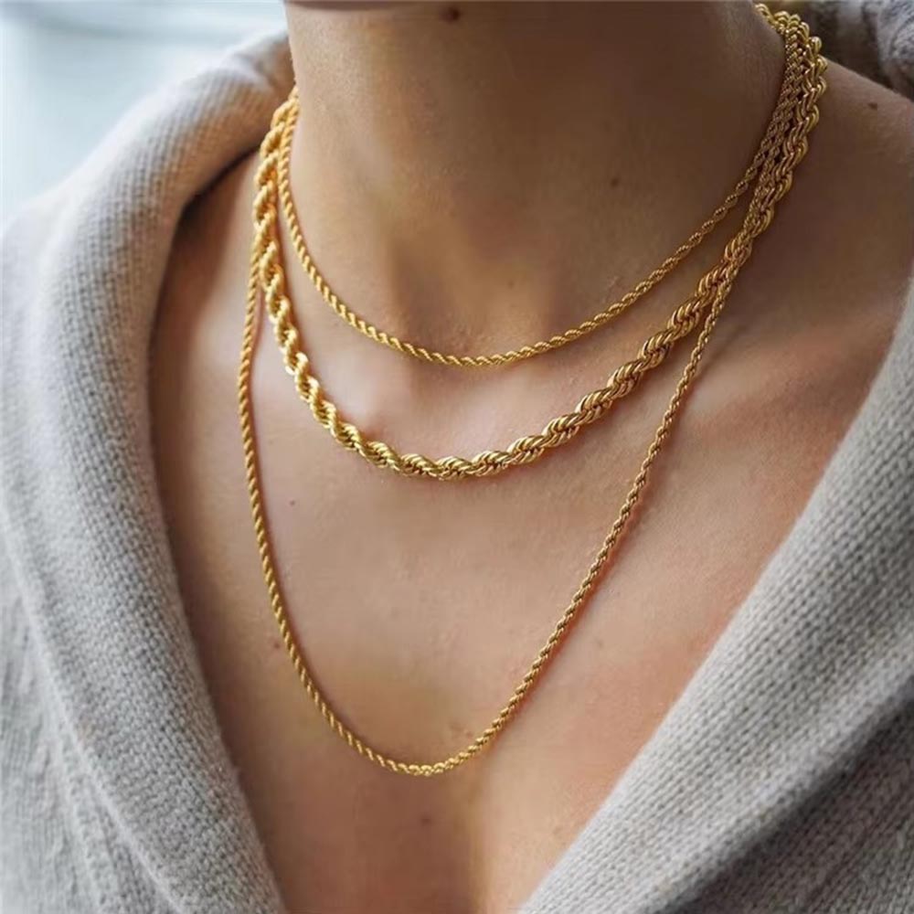 MamacitaSlay 316L Stainless Steel Twisted Rope Chain Stackable Necklace 18K Gold Plated Waterproof Jewelry For Women Daily Wear