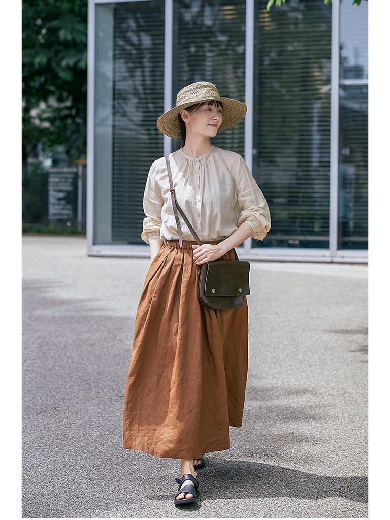 Women's Retro Cotton-Linen Elastic Waist Pleated Skirt - Summer 2023