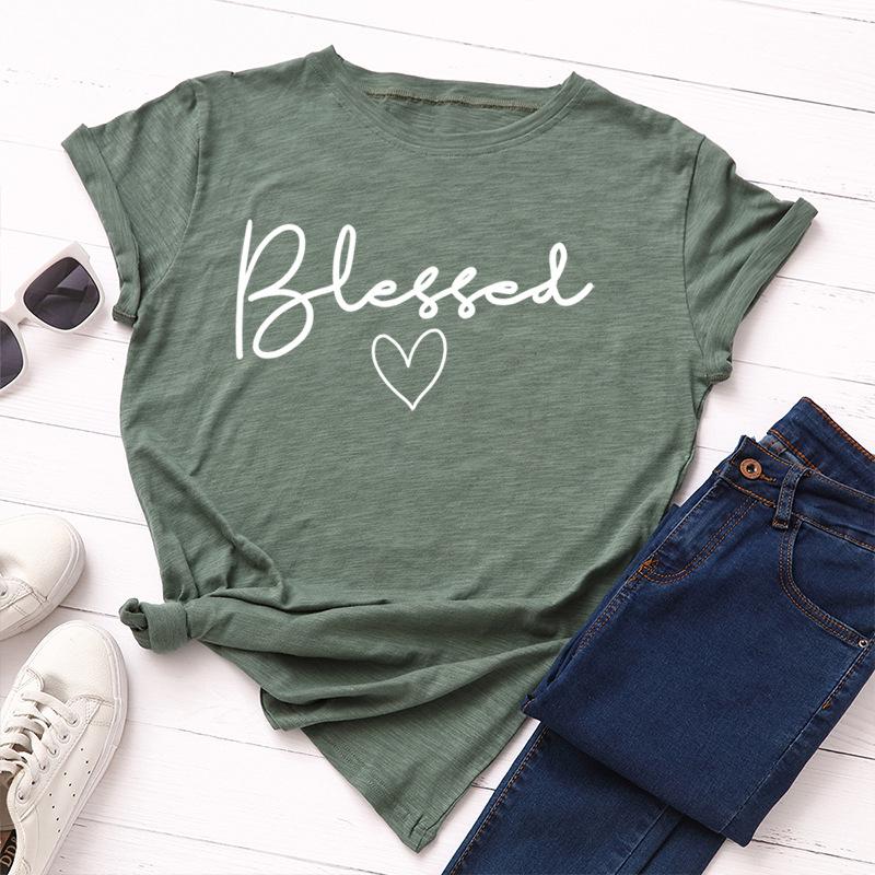 Blessed Letter Cotton T-Shirt Short Sleeve Round Neck Women 2d Print Tops