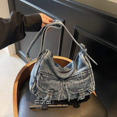 Denim Umhängetasche Damen Mode Lässige Crossbody Tasche mit Vordertaschen und Verstellbarem Riemen