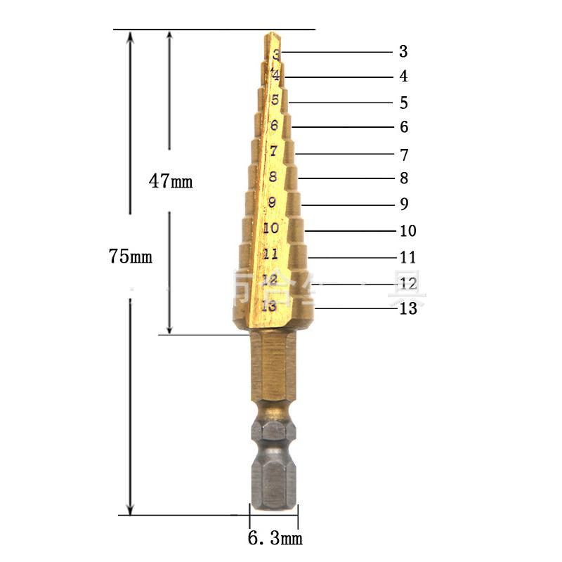 Metric 1/4 Hex Shank Titanium Coated Step Drill Bit 3-13mm Drilling Power Tools Metal High Speed Steel Wood Hole Cutter Cone Drill