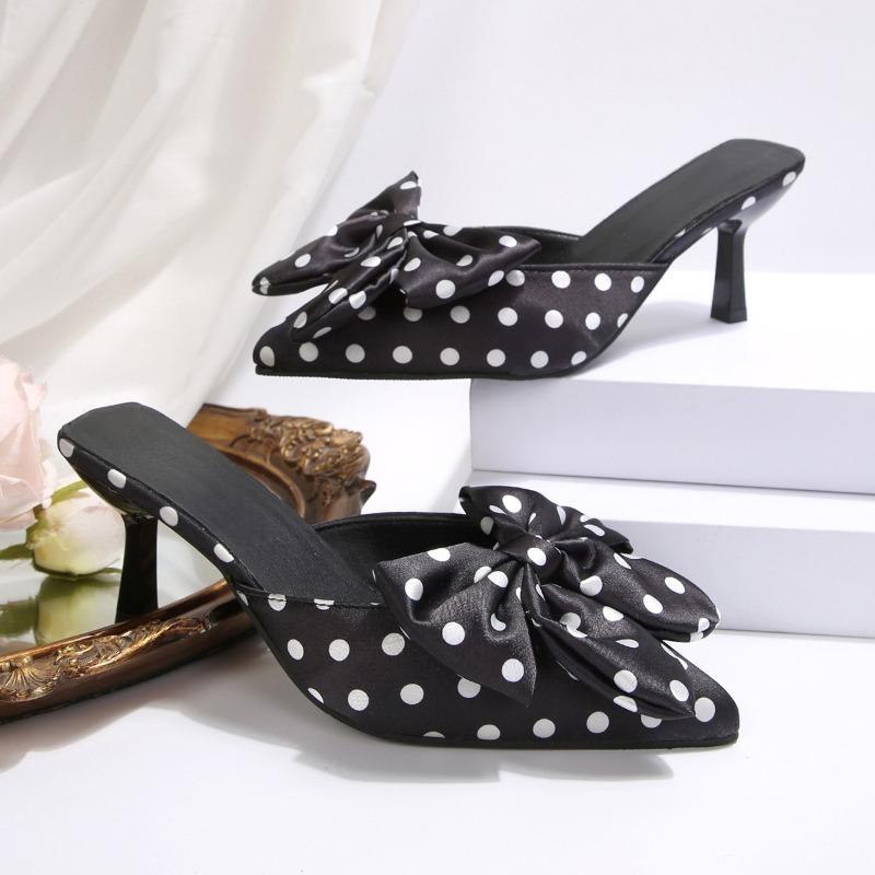 French Style Polka Dot High Heel Sandals Women's Thin Heel Pointed Toe Elegance Single Shoes Butterfly Knot Head Slippers