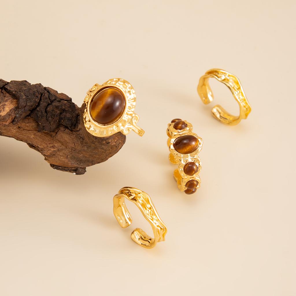 Vintage Slightly Set Gemstone Tiger'S Eye Ring, Fashionable Metal Lava Open Ring Set.