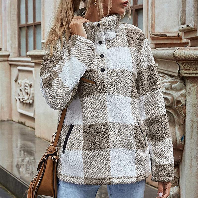 VEZFAA Women s Fashion Casual Plaid Print Spring Fall Long Sleeve POLO Neck Pullovers & Long Sleeves S хаки