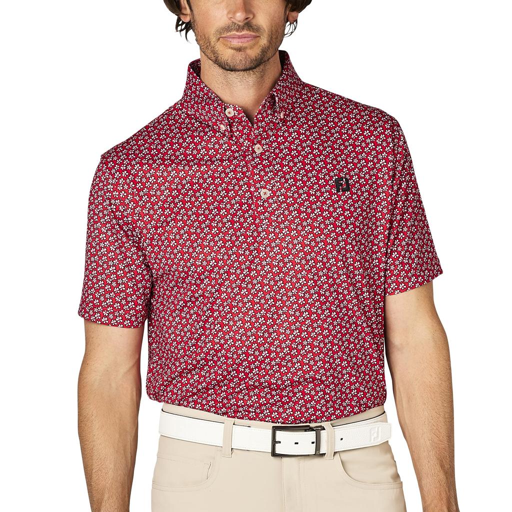 FootJoy Men's Hibiscus Flower Print Short Sleeve Button-Down Golf Shirt, Size L (FJ-S25-S14, 34557-L)