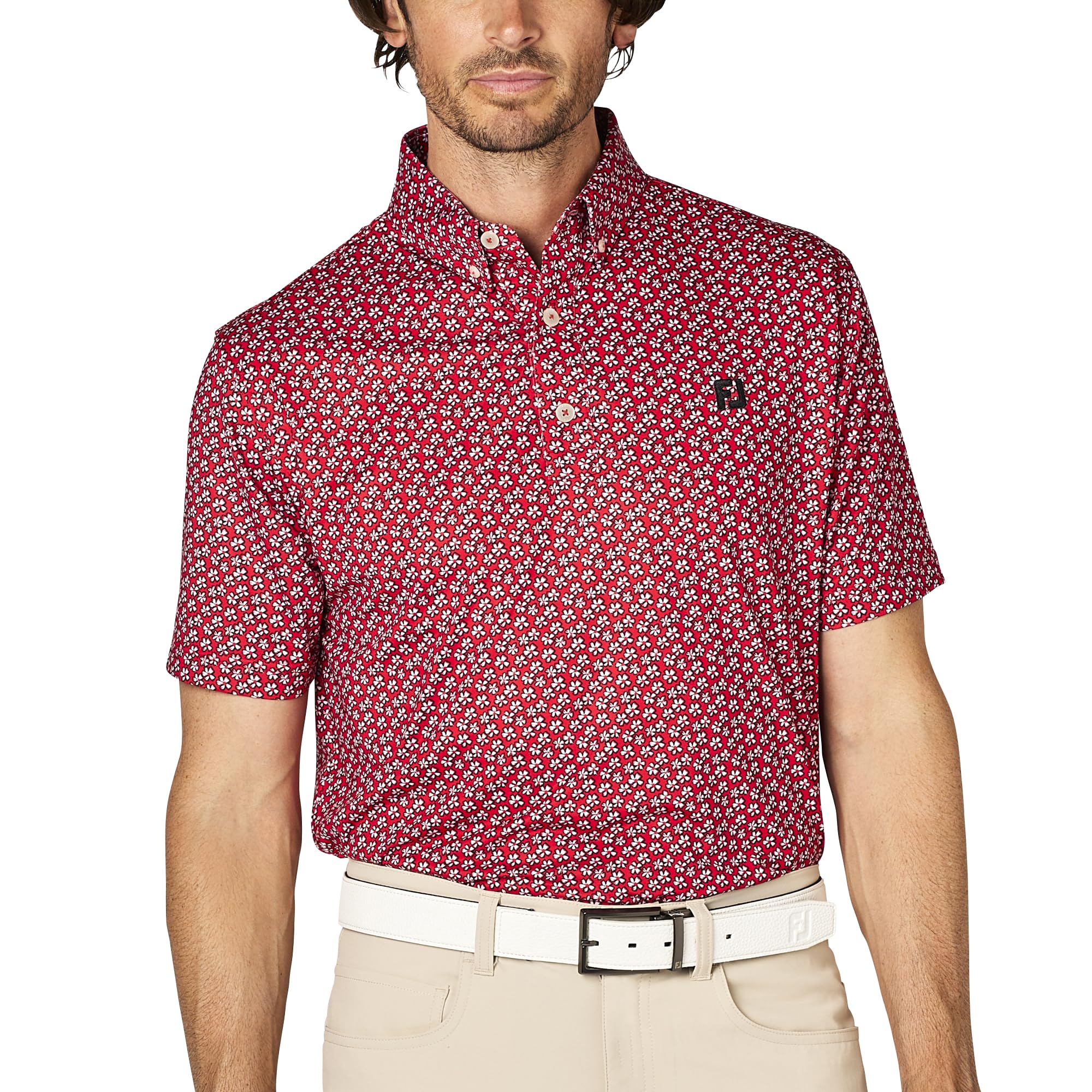 

FootJoy Men s Hibiscus Flower Print Short Sleeve Button-Down Golf Shirt, Size L (FJ-S25-S14, 34557-L)