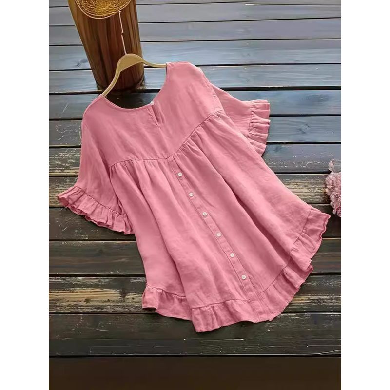 Loose Ruffled Short-Sleeve Top Solid Loose Ruffle Sleeve Short Sleeve Button Top
