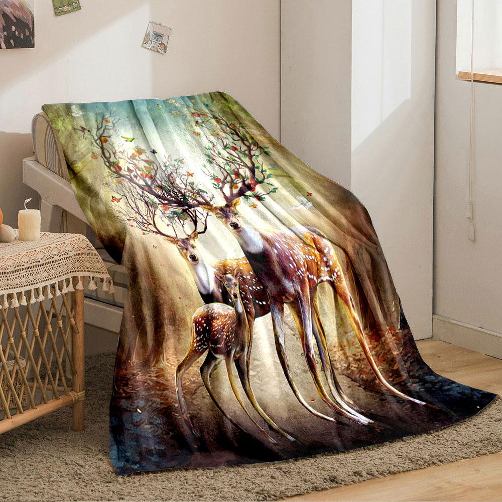 Deer with elaborate antlers resembling trees decorated with flowers and fruit. for all seasons blanket lunch break throw gift