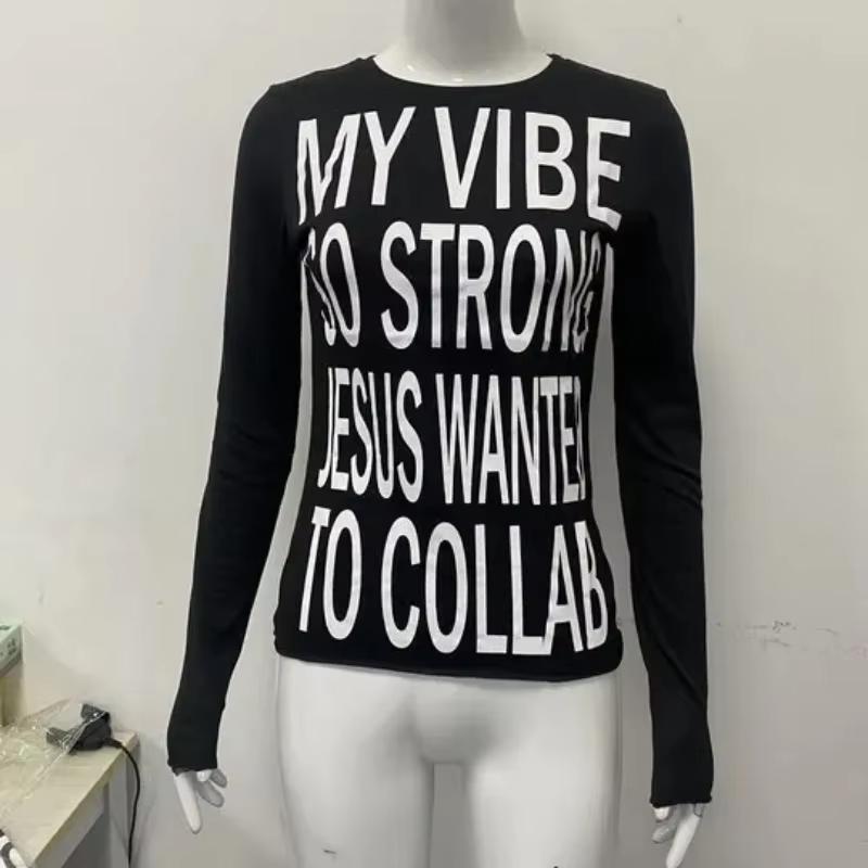 European and American Y2K letter printed round neck black casual top