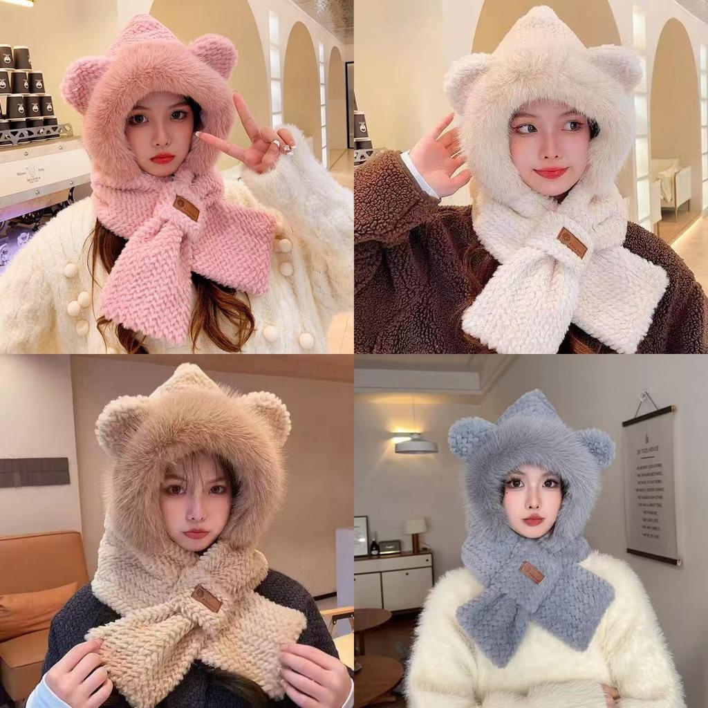 Winter Cute Bear Plush Hat Scarf Gloves Set With Windproof Warmth For Women