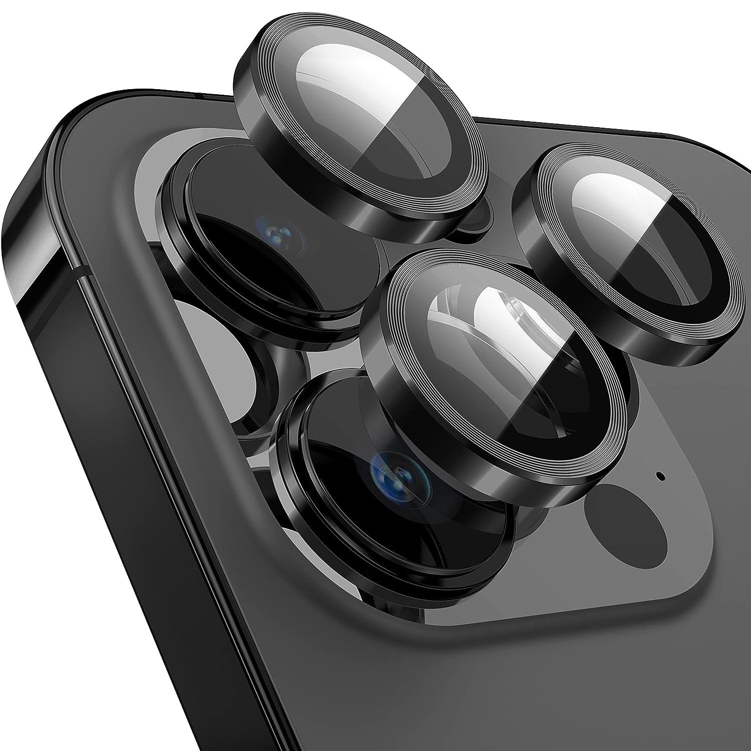 

Для iPhone 14 Pro/14 Pro Max 1 комплект захисту лінз камери загартоване скло+металеве кільце CD візерунок плівка для лінз Black